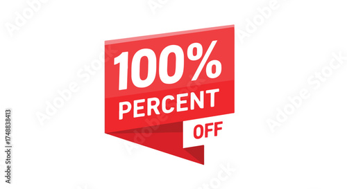 Vibrant red promo tag proclaiming a hundred percent off for promotional marketing design use, appealing discount graphic for sales promotion, and
