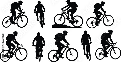 Cycling silhouettes, black bike riders, various bicycle styles, sports posture, urban commute, mountain biking, road cycling, active lifestyle, vector illustration