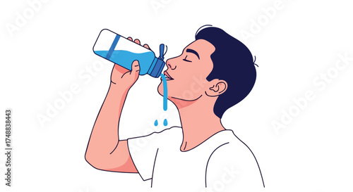 Illustration of a young man intensely hydrating himself from a blue water bottle on a plain white background indicating thirst and well-being