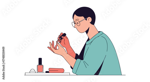 Introspective self-care: Individual applying delicate polish with focused attention in a minimalist artistic rendering at home