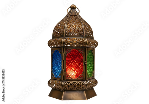 Ornate Lantern With Blue Red And Green Stained Glass Panels On Transparent Background