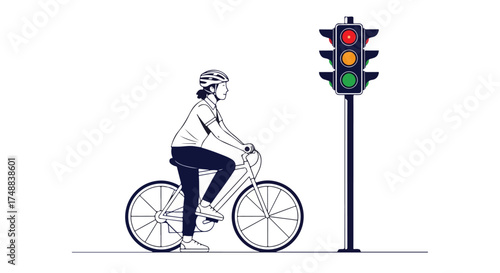 Cyclist waits at a traffic signal, highlighting urban commuting and road safety awareness with a minimalist and conceptual visual style