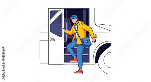 Digital artwork portraying a young adult boarding a transport vehicle with casual attire and a messenger bag, minimalist aesthetic
