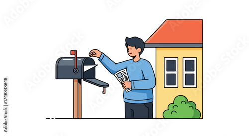 Cartoon Illustration of a Man Checking Mailbox near Cozy Home with Suburban Lifestyle Portrayal