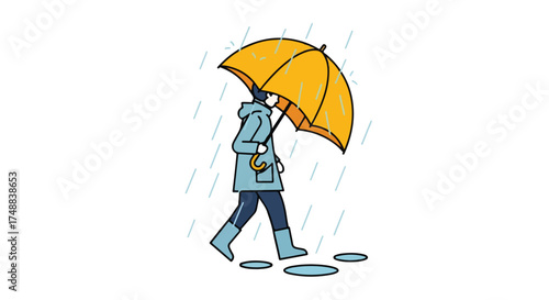Stylized illustration of a person walking under a yellow umbrella during a rainy day, stepping into puddles with outlined raindrops falling against