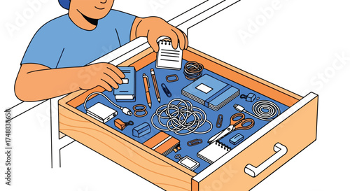 Illustration of a person organizing a drawer filled with various office and personal items in an orderly manner showcasing organization and tidiness