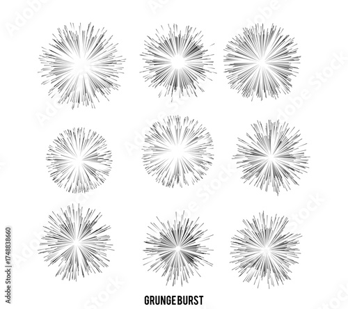 Set of Sunburst vector icons set on white background. Set of vintage half sunburst, Sunrise collection in gold color. Bursting, light, starburst rays, or sunrise firework design elements.