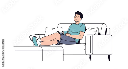 Illustration of a young man relaxing on a sofa with a drink, showcasing leisure and comfortable living in a minimalistic line art style