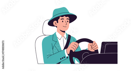 Stylish passenger driving, showcasing an interesting journey with his confident demeanor behind the wheel in his modern looking automobile