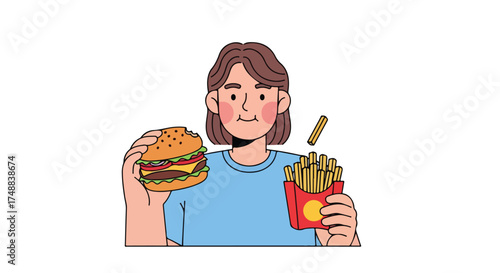 Cartoon illustration of a girl with a partly eaten burger and fries against a white background enjoying fast food moment