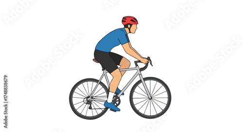 Cyclist riding a road bike with helmet isolated against a white backdrop demonstrating exercise and physical activity in an illustration suitable