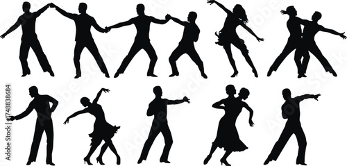 Silhouettes of dancing couples, ballroom poses, Latin dance moves, elegant choreography, romantic performance, graceful motion, partner connection, artistic expression, black background