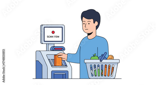 Modern self-checkout kiosk illustration depicting a man scanning items from a grocery basket in a minimalist design