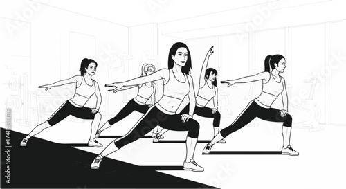 Monochrome Vector Outline Art of Women Figures in Fitness Studio