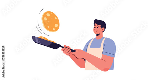 Wholesome pancake flipping scene featuring a cheerful cook in action with a playful animated style demonstrating culinary enjoyment