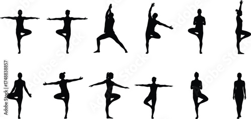 Yoga poses silhouette, black figures, standing balance, tree pose, warrior pose, flexibility, fitness, meditation, exercise, wellness, posture, calm, strength, body control, stretching, 
