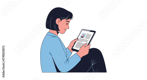 Woman engrossed in digital document review on tablet device with focused attention for immersive reading and information consumption