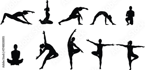 Yoga, silhouette, poses, flexibility, meditation, balance, wellness, fitness, stretching, mindfulness, exercise, health, body, strength, posture, calm, peaceful, lifestyle, training, routine