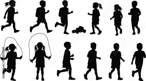 Children silhouette, kids playing, running, jumping rope, toy car, childhood activity, outdoor fun, black white contrast, energetic movement, physical exercise