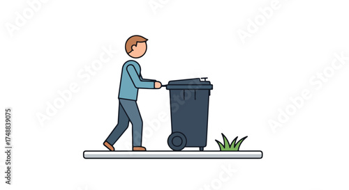 Stylized depiction of a man wheeling a dark-colored garbage bin along a paved surface outdoors showcasing domestic waste disposal practices