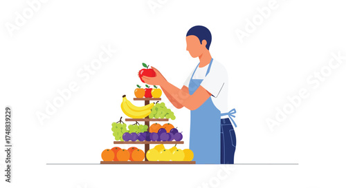 Vendor meticulously arranging fresh produce display showcasing a vibrant assortment of fruits at the local farmers market stand