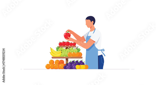 Vibrant display of fruits with a vendor arranging items on a tiered stand in cartoon style