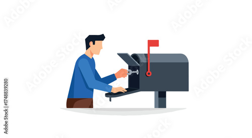 Minimalist illustration of a man opening a dark grey mailbox with a key in a clean, white background vector art illustration style