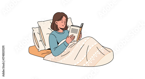 Cozy bedtime story: Woman enjoys reading a book in bed before sleep, finding solace and imagination in the quiet evening hours relaxing peacefully