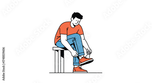 Minimalistic illustration of a young man sitting on a stool and meticulously tying his bright orange shoelaces with concentration and care,