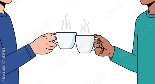 Illustration of two diverse individuals sharing coffee, creating a moment of connection and friendly interaction over steaming beverages with a