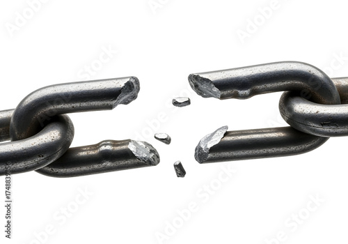 Severed Metallic Chain with Fragments Isolated Against Black Background