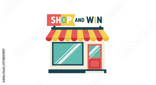 Cartoon shop facade advertising a chance to win after shopping, showcasing a delightful commercial promotion for retail destinations appealing to