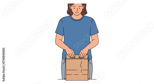 Person sealing a recycled paper bag for eco-friendly food storage with simple line art, promoting sustainability, and supporting environmental