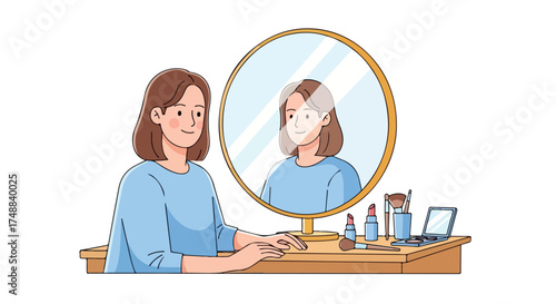 Delightful self-reflection illustration: a young woman at her vanity mirror, embracing inner beauty and personal care during a quiet morning routine