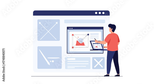 Designer interacting with a dynamic web application, visualizing and manipulating graphical elements using a stylus on a laptop screen