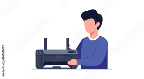 Faceless office worker interacts with modern printer, representing technology and efficiency in the workplace graphic design vector