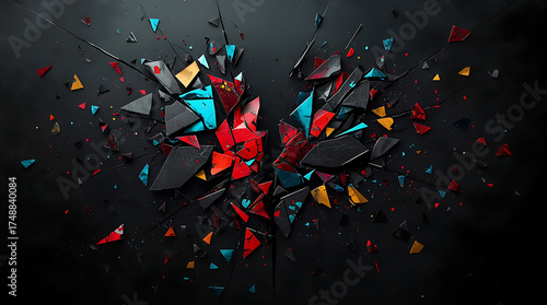 A shattered geometric pattern with sharp fragments of bright, contrasting colors scattered across a dark void, representing heartbreak or brokenness.
