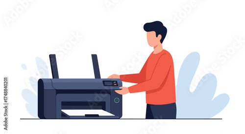 Man operating a modern office printer for document replication and sharing, illustrating efficient workflow and digital technology integration in a