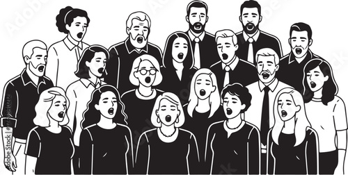 Monochromatic Line Art Illustration of Diverse Choir Singing Together