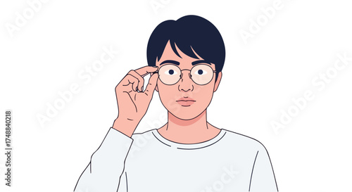 Illustrated character of a young man wearing glasses, looking thoughtful and adjusting them in a minimal art style on a plain white background