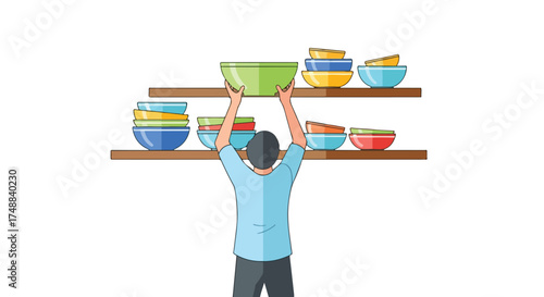 Arranging vibrant bowls: A stylized illustration of a person organizing kitchenware on wooden shelves with effort