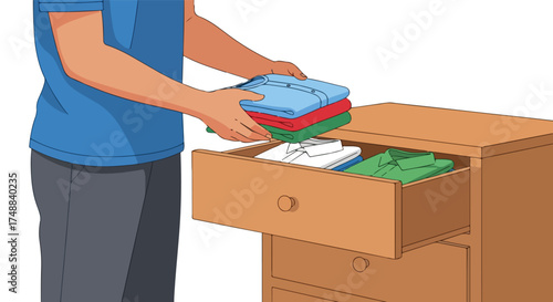 Man neatly arranging folded shirts into a wooden dresser, showcasing organization and domestic chore illustrations