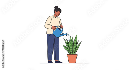 Isolated illustration showcases nurturing home gardening with a woman tending to a potted snake plant with a blue watering can inside a minimalist