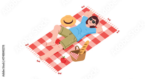 Relaxing summer day: Woman enjoying a leisurely picnic on a checkered blanket under the sunny sky for vacation getaway and outdoor recreation moment