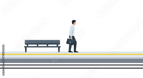 Man with briefcase on subway platform beside empty bench illustrates urban isolation and the daily commute routine on a minimalist backdrop