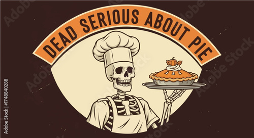 Retro-style cartoon logo featuring a skeleton chef in a toque, proudly serving a pumpkin pie, with the text "Dead Serious About Pie," celebrating a passion for baking and desserts