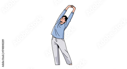Young man in relaxed stretching pose, demonstrating flexibility and body awareness for wellness and healthy habits on a white background
