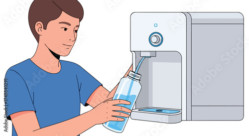 A young man is using water purifier to fill his reusable bottle with fresh filtered water effortlessly at home for personal hydration