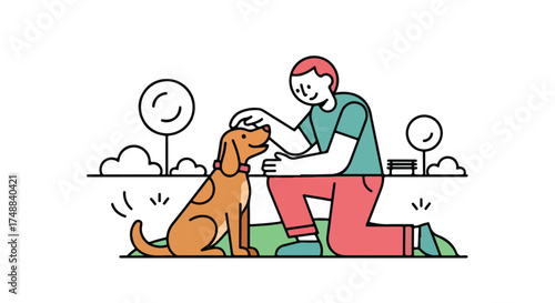 A heartwarming minimal illustration: Man kneeling, affectionately petting a light brown dog in a park setting portraying companionship, friendship,