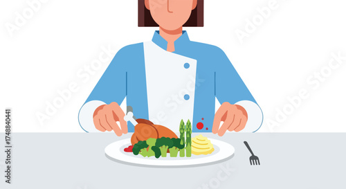 Culinary professional preparing a plate with chicken broccoli asparagus and mashed potatoes for dining experience illustration